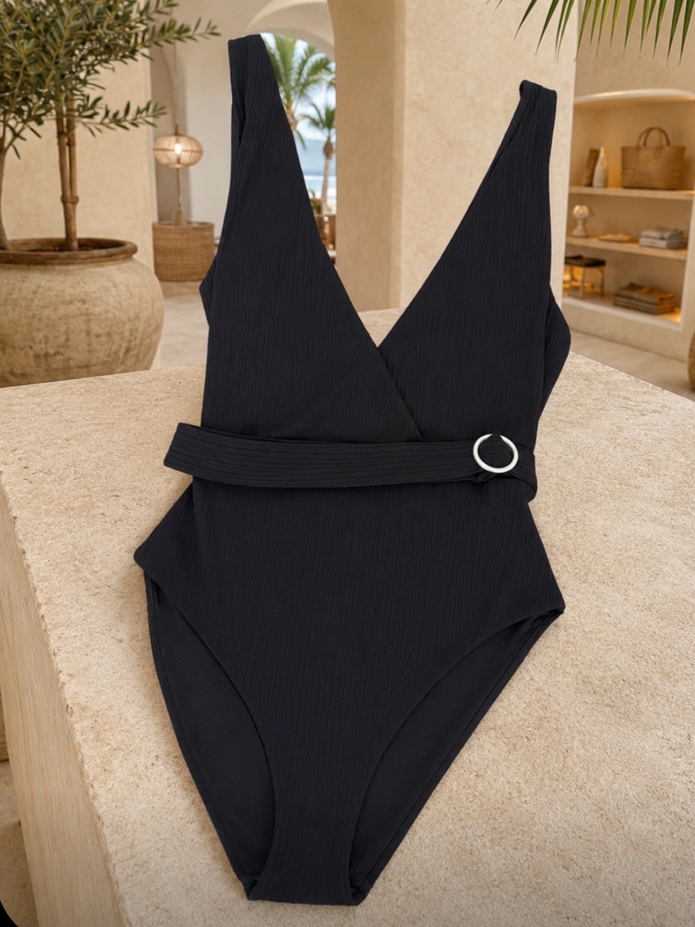 Onia Black Ribbed Wrap One-Piece Swimsuit Size S NWOT T Belted Luxury Swimwear